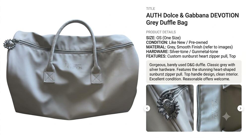 Authentic Dolce & Gabbana Devotion Duffle Bag Light Gray